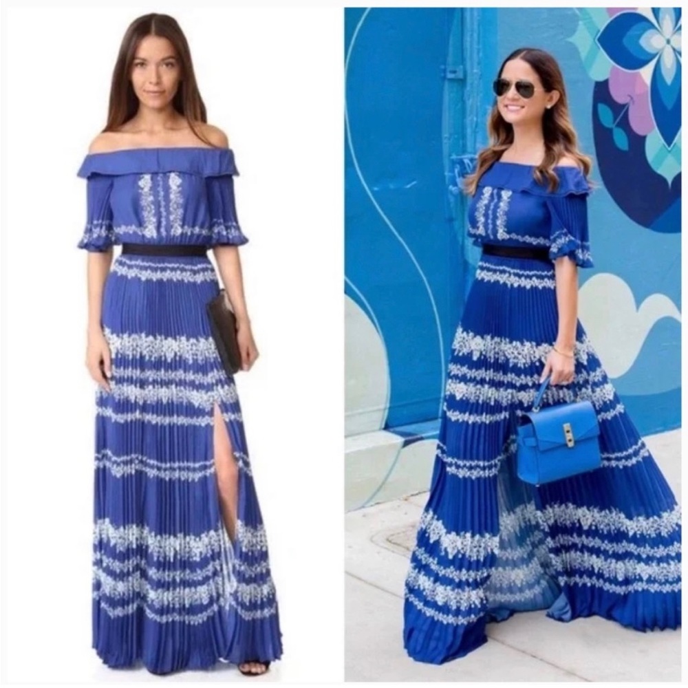 Self Portrait Blue and and White pleated maxi